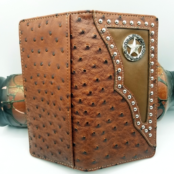 STAR Western Mens wallet Bifold W011-1 Ostrich Brown check book style. - Picture 4 of 8